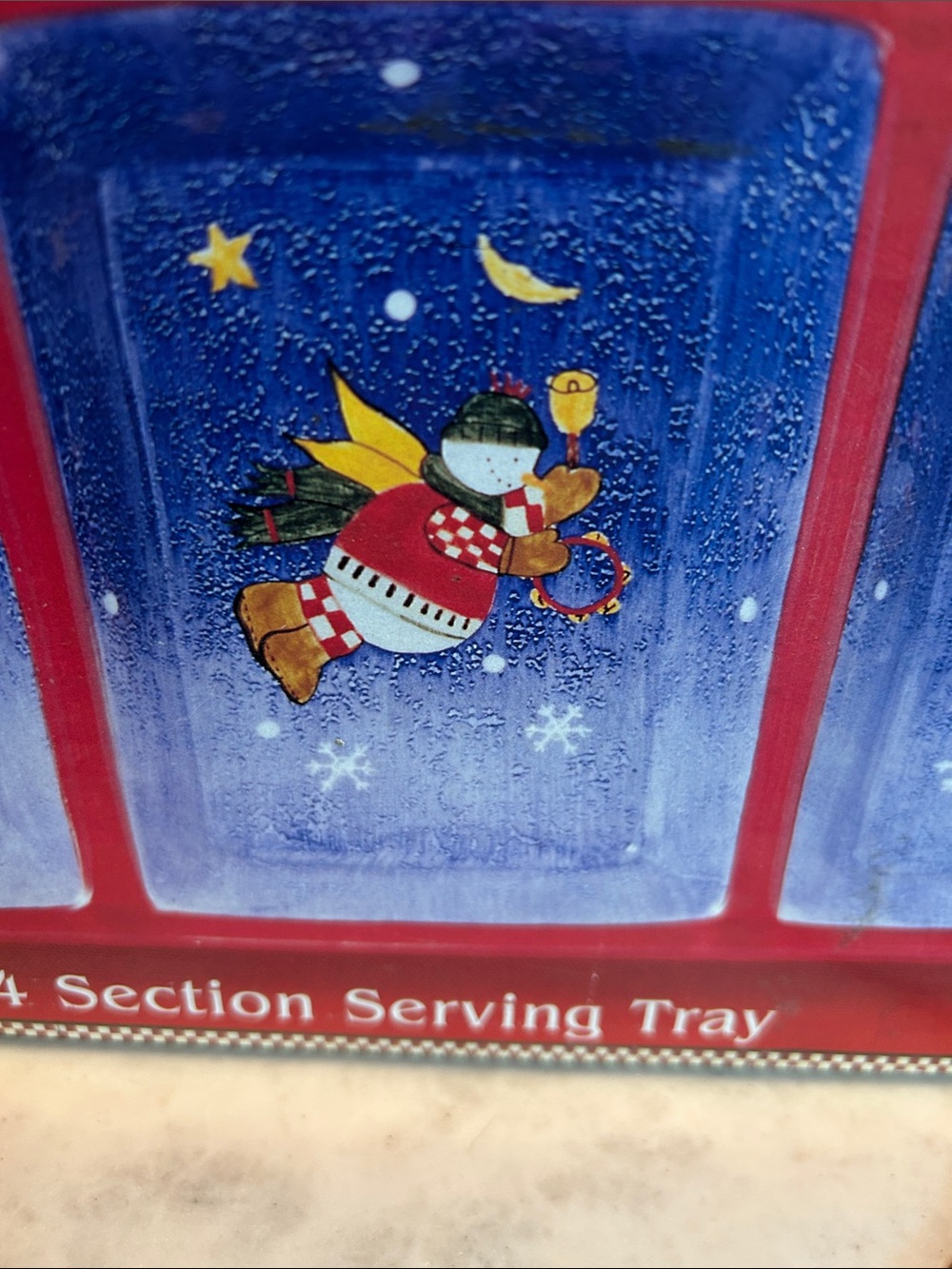 Hand-Painted Holiday 4-Section Serving Tray - Blue Panels with Snow Angel - Picture 4 of 8